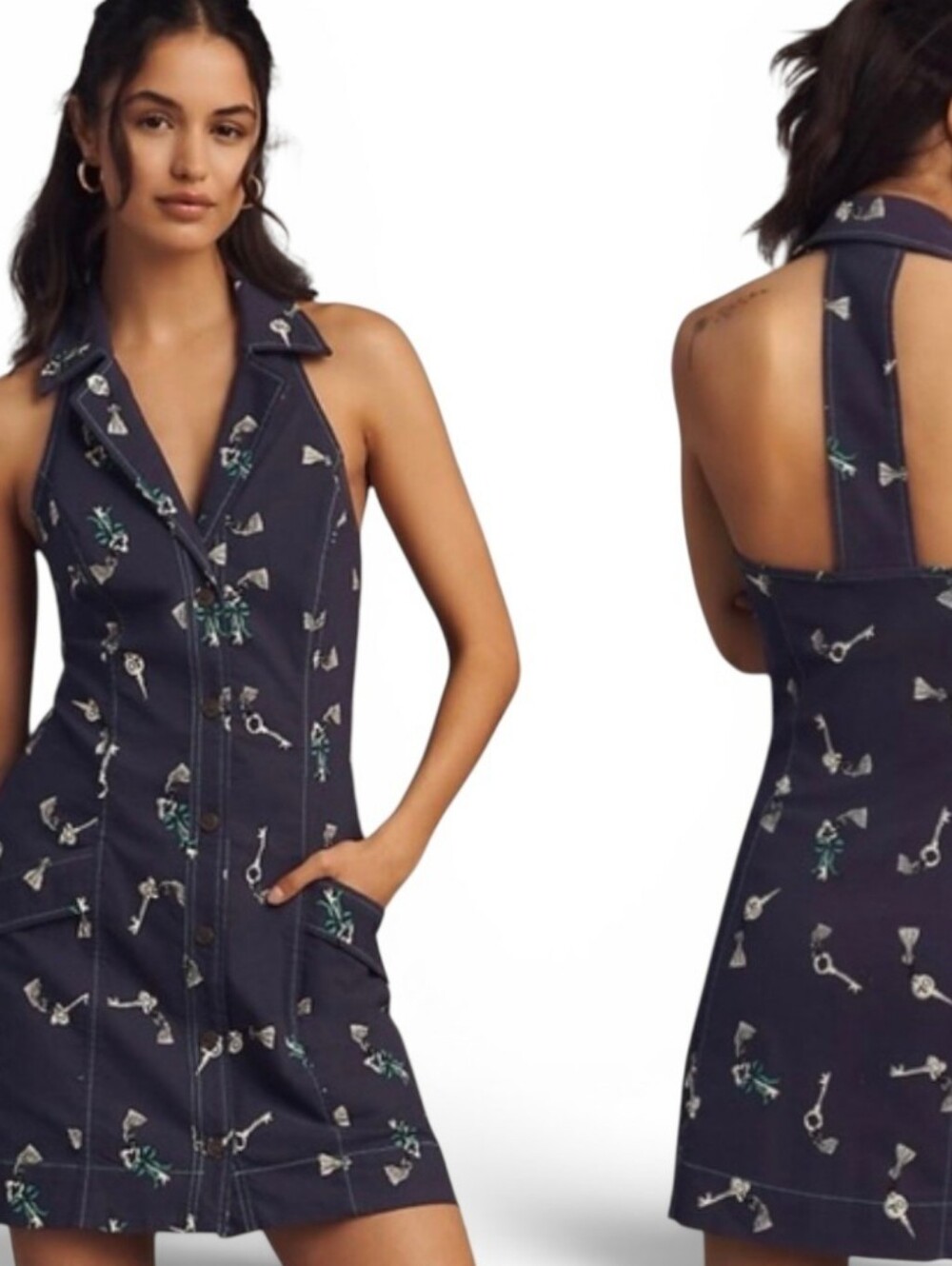 MAEVE X ANTHROPOLOGIE Navy Button Down Amelia Key Print Collared Dress - Medium